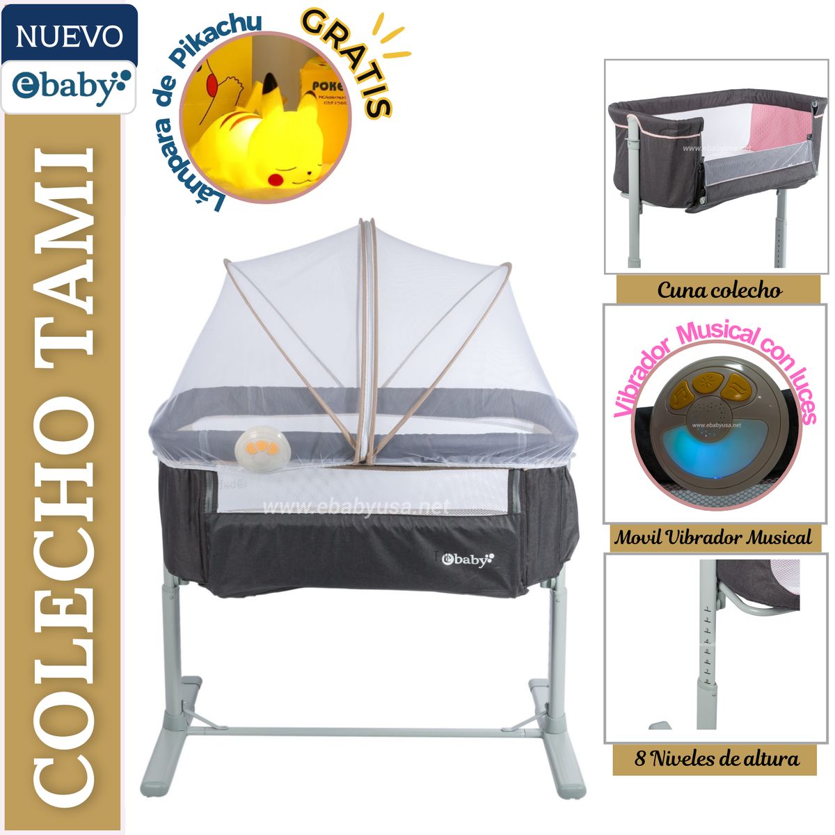 EBABY - CUNA COLECHO PARA BEBE TAMI BEIGE + GRATIS LAMPARA PIKACHU