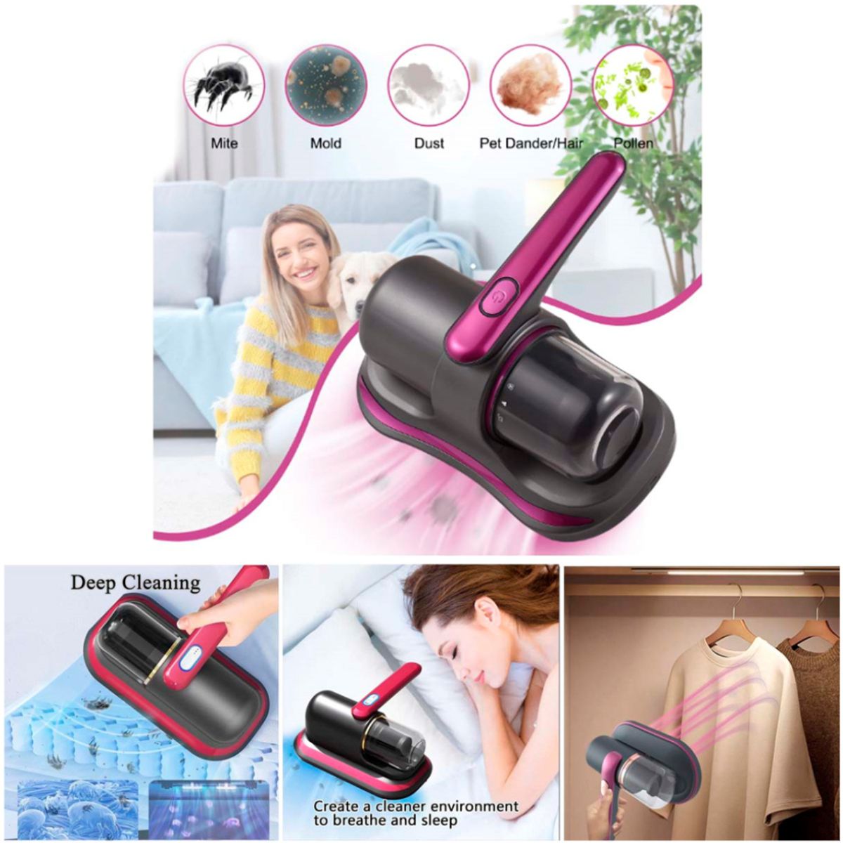 GENERICO - Aspiradora Inalámbrica de Mano Anti Ácaros con Luz UV Recargable