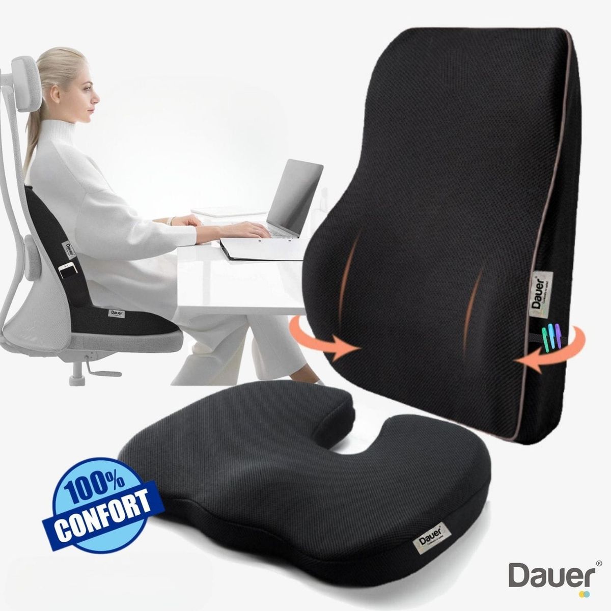 DAUER - Pack Cojines Soporte Lumbar y Asiento Memory Foam y Gel Tech + Bambu