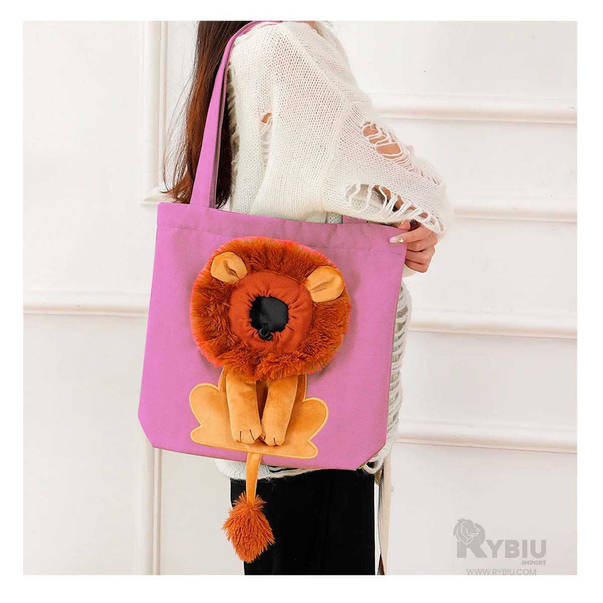 RYBIU IMPORT - Bolso Sencillo con Diseñoi de Leon en Rosado Y+Stickers