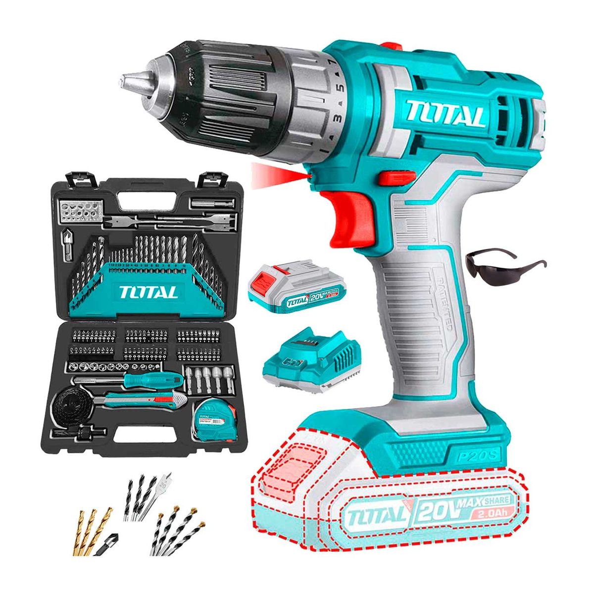 TOTAL TOOLS - TALADRO ATORNILLADOR INALAMBRICO 20V TOTAL JUEGO 118 BROCAS