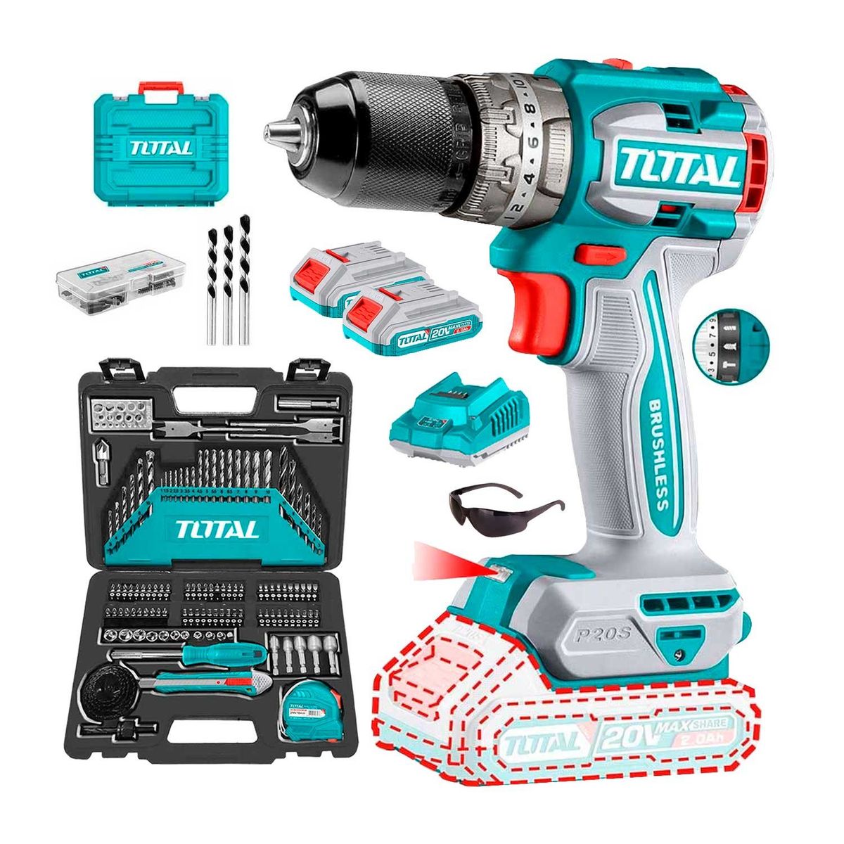 TOTAL TOOLS - TALADRO PERCUTOR INALAMBRICO 20V BRUSHLESS TOTAL JUEGO 118 BROCAS