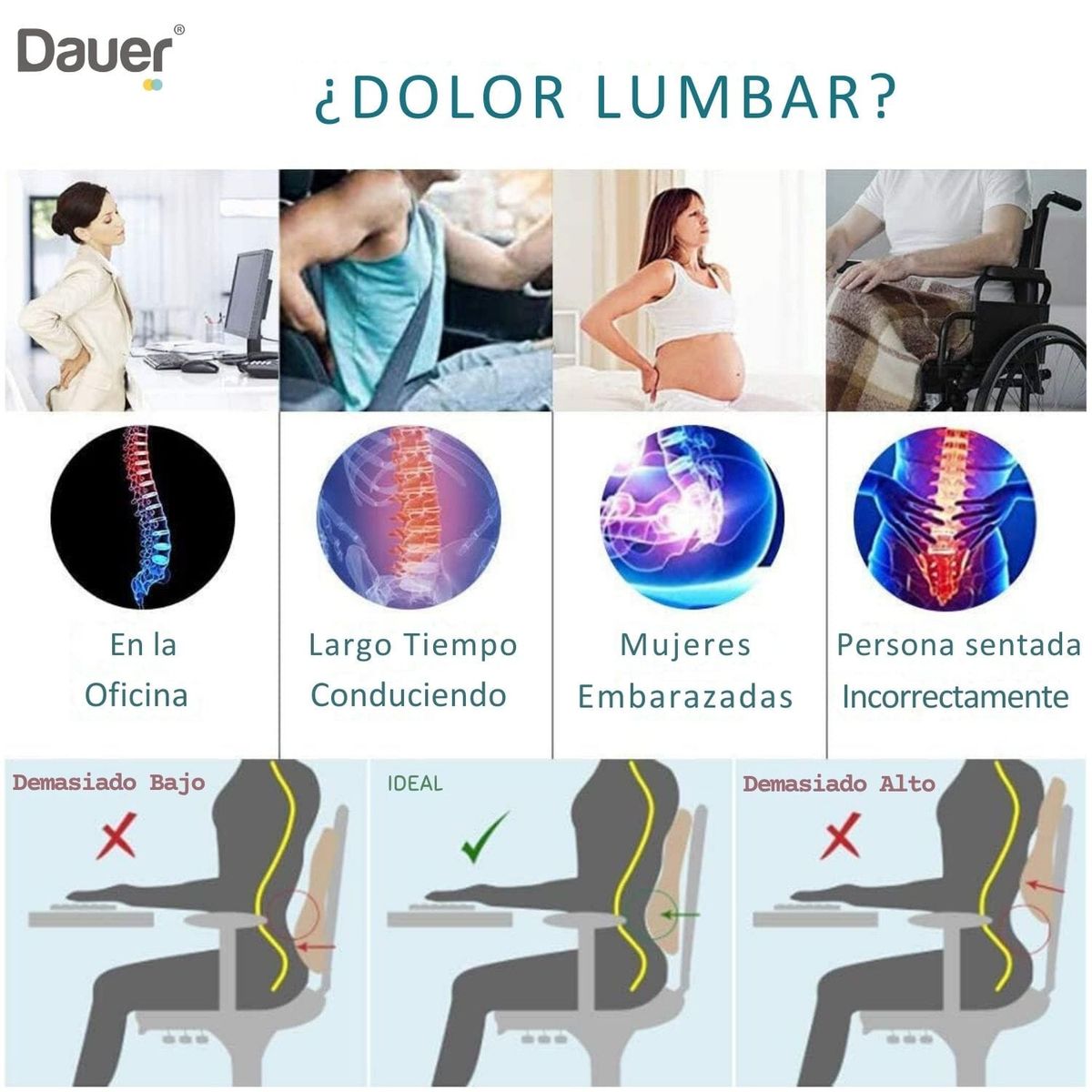 DAUER - Cojin Soporte Lumbar Dauer Ergonomico Memory Foam con Gel Tech + Bambu
