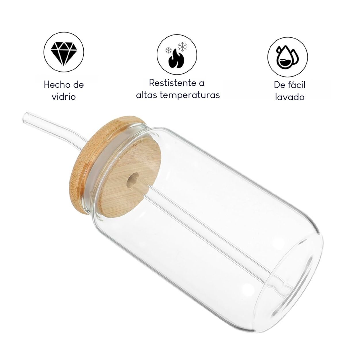 INSPIRA - Vaso de Vidrio Borosilicato con Tapa de Bambú y Sorbete