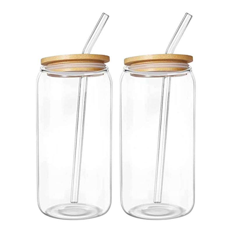 INSPIRA - Set de 2 Vasos de Vidrio con Tapa de Bambú y Sorbete