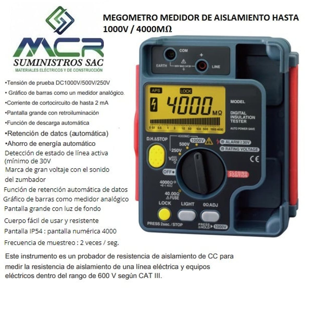 GENERICO - MEGOMETRO MEDIDOR DE AISLAMIENTO HASTA 1000V  4000MΩ