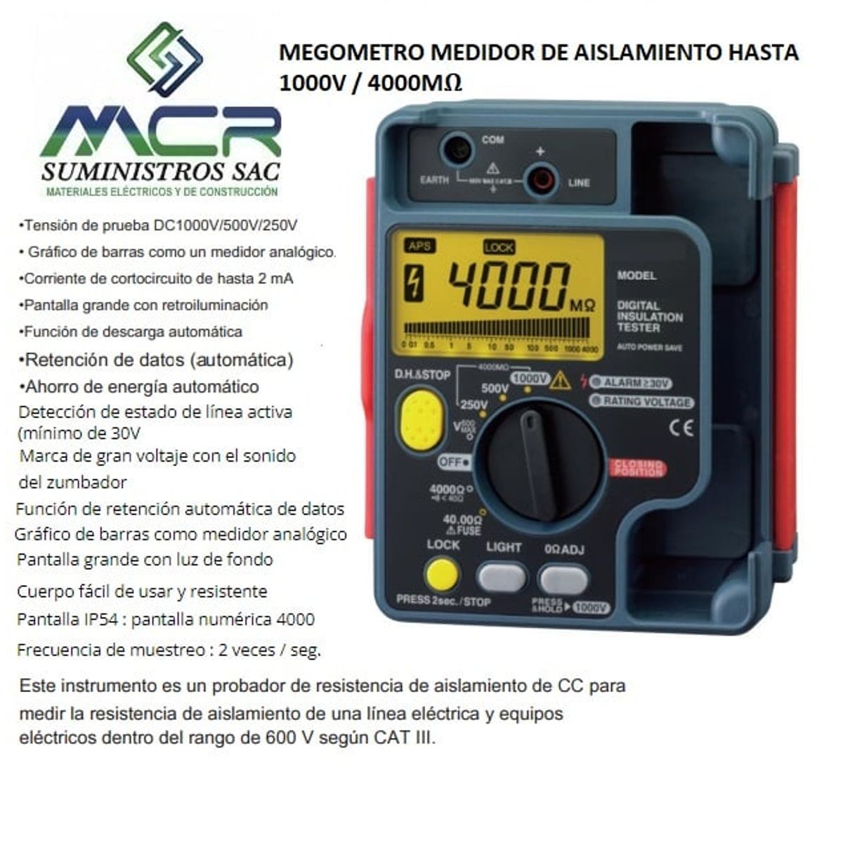 GENERICO - MEGOMETRO MEDIDOR DE AISLAMIENTO HASTA 1000V  4000MΩ