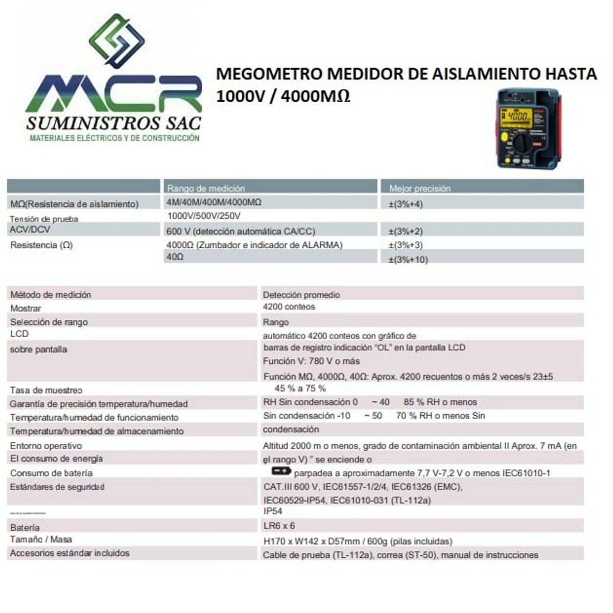 GENERICO - MEGOMETRO MEDIDOR DE AISLAMIENTO HASTA 1000V  4000MΩ