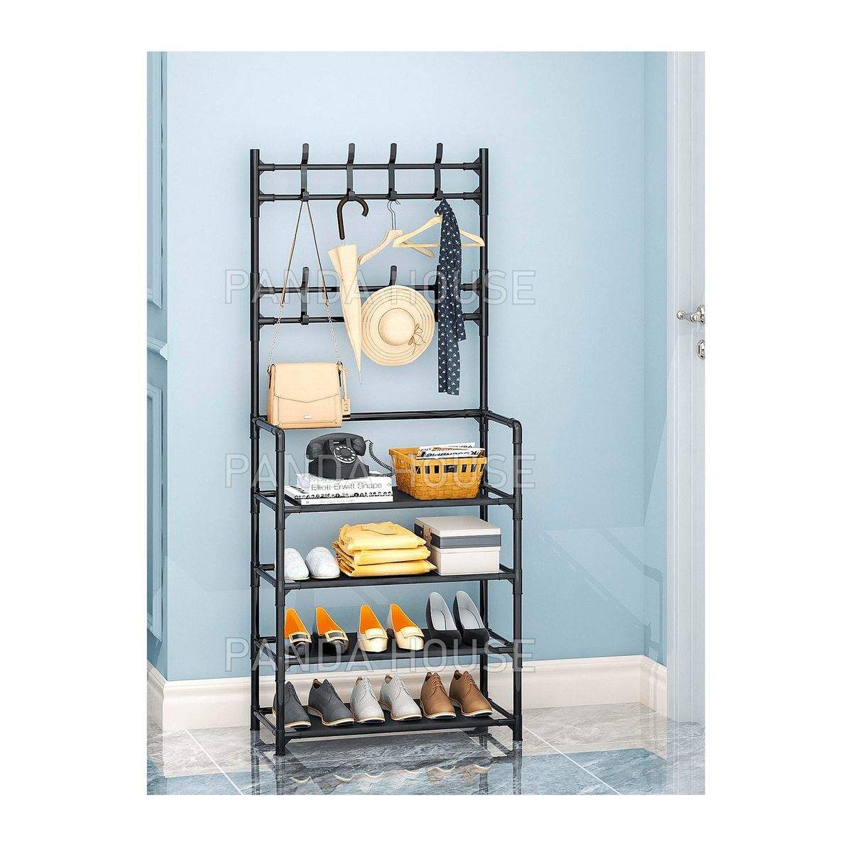 SM - ZAPATERA ESTANTE  4 NIVELES + PERCHERO ORGANIZADOR DE METAL