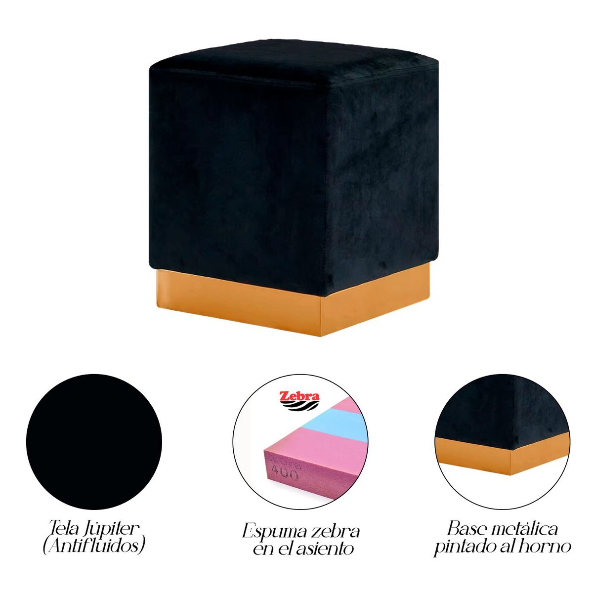 GENERICO - Puff Cuadrado Lisa con Base Metálica Negro