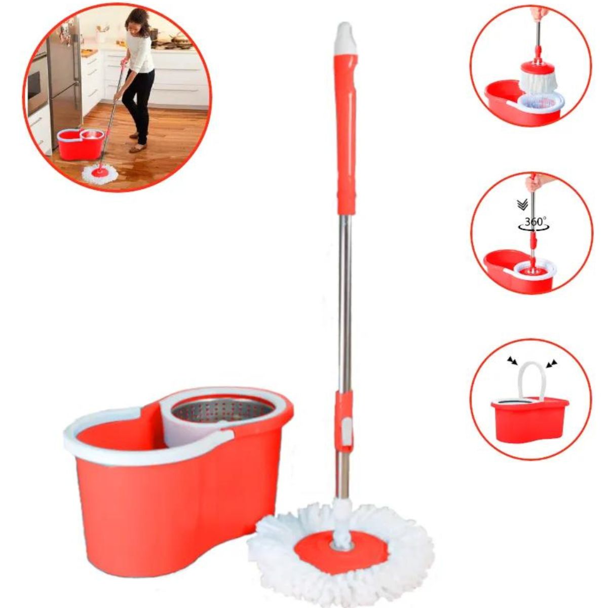 OEM - Trapeador Escurridor Giratorio Automático Con 2 Mopas Rojo