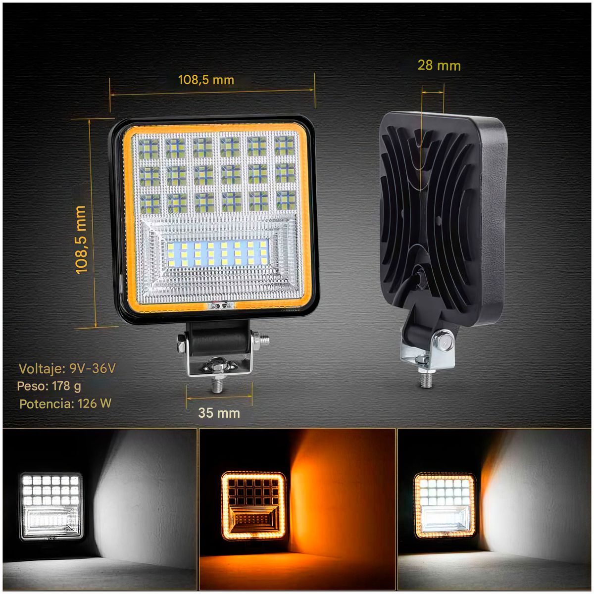 GENERICO - Faro Cuadrado LED-42” Multivoltaje 6500K 126W Borde Ambar