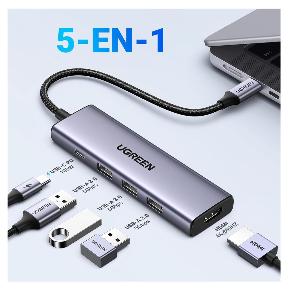 UGREEN - Adaptador HUB UGREEN 5 en 1 USB C a 4K 60Hz HDMI 100W PD MacBook