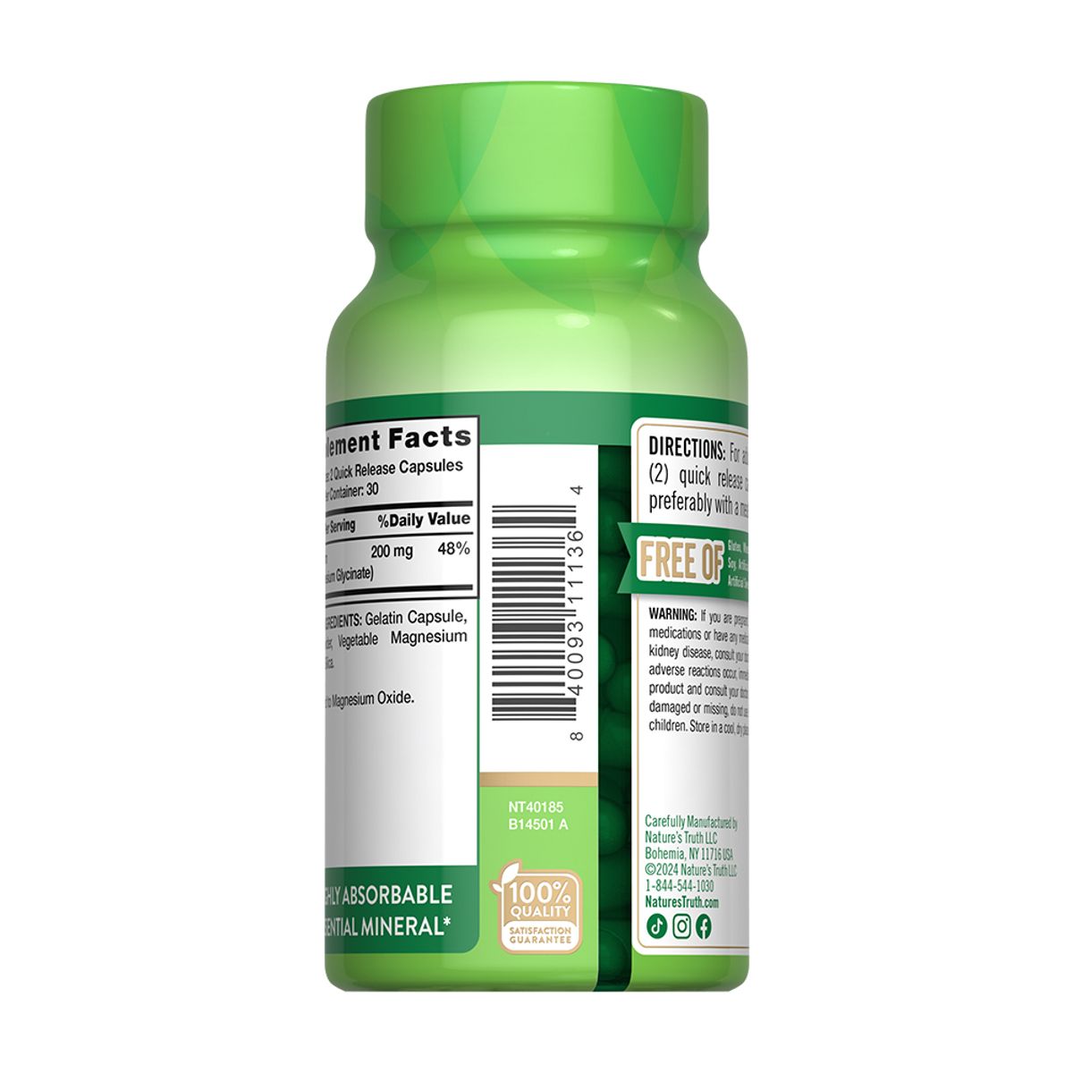 NATURE'S TRUTH - Glicinato de Magnesio 200 mg 60 Capsulas Nature's Truth.-