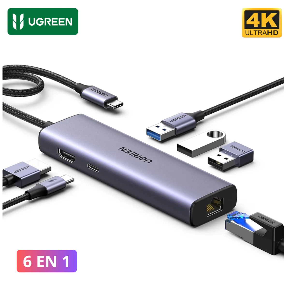 UGREEN - Adaptador Hub Ugreen Usb-C 6 In 1 Multifunction HDMI 4K  RJ45 1000 Mbps