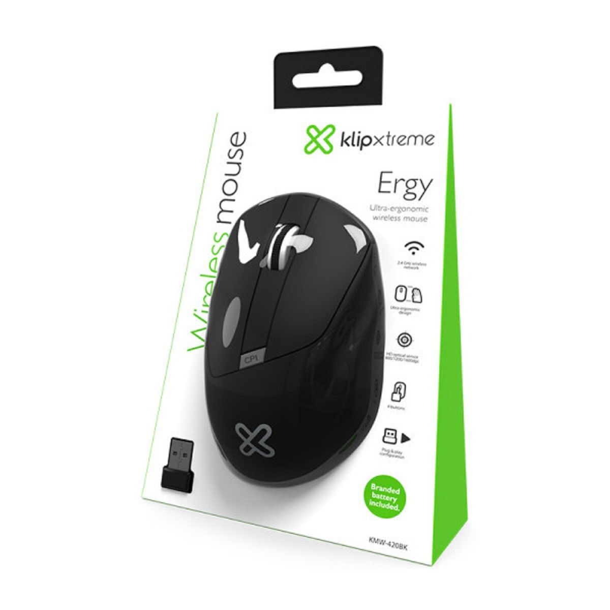 KLIP XTREME - Mouse Inalámbrico Ergonómico Klip Xtreme Ergy 1600dpi KMW-420bk