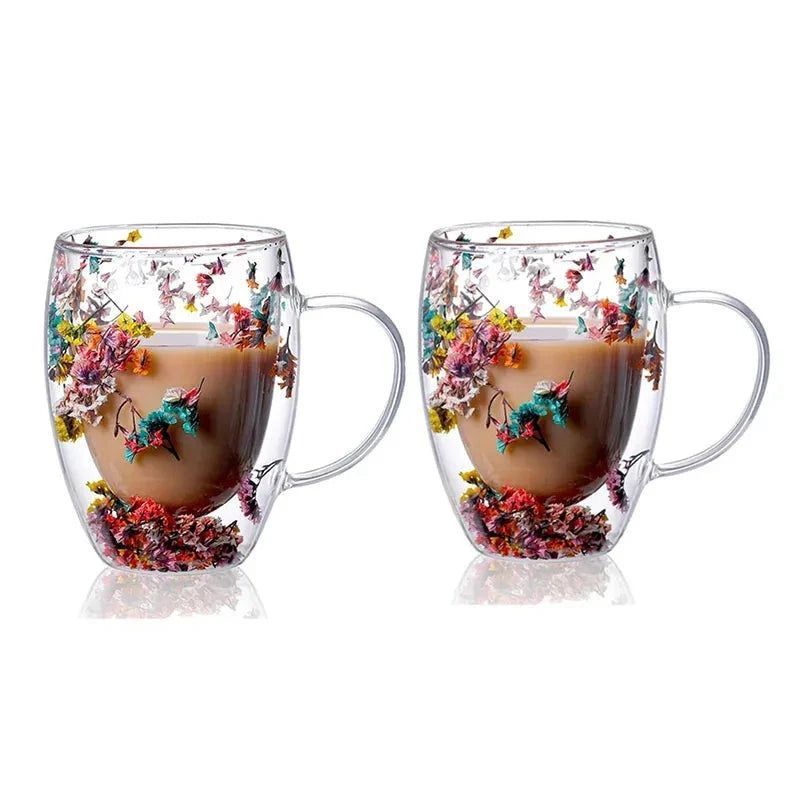 GENERICO - SET X2 TAZAS 350ML DOBLE PARED FLORES SECAS