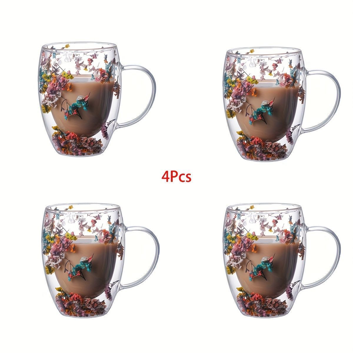 GENERICO - SET X4 TAZAS 350ML DOBLE PARED FLORES SECAS