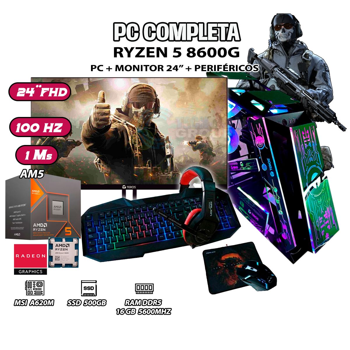 AMD - Computadora PC Completa Ryzen 5 8600G RAM DDR5 16GB SSD 500GB SSD MONITOR 24"