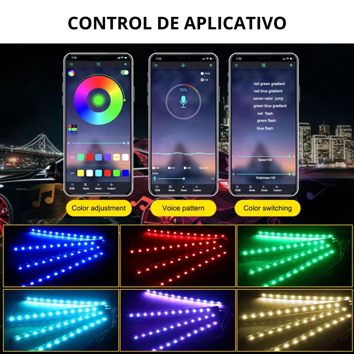 SEISA - Luz Led Rgb de Ambiente para Interior de Auto Bluetooth 12BT