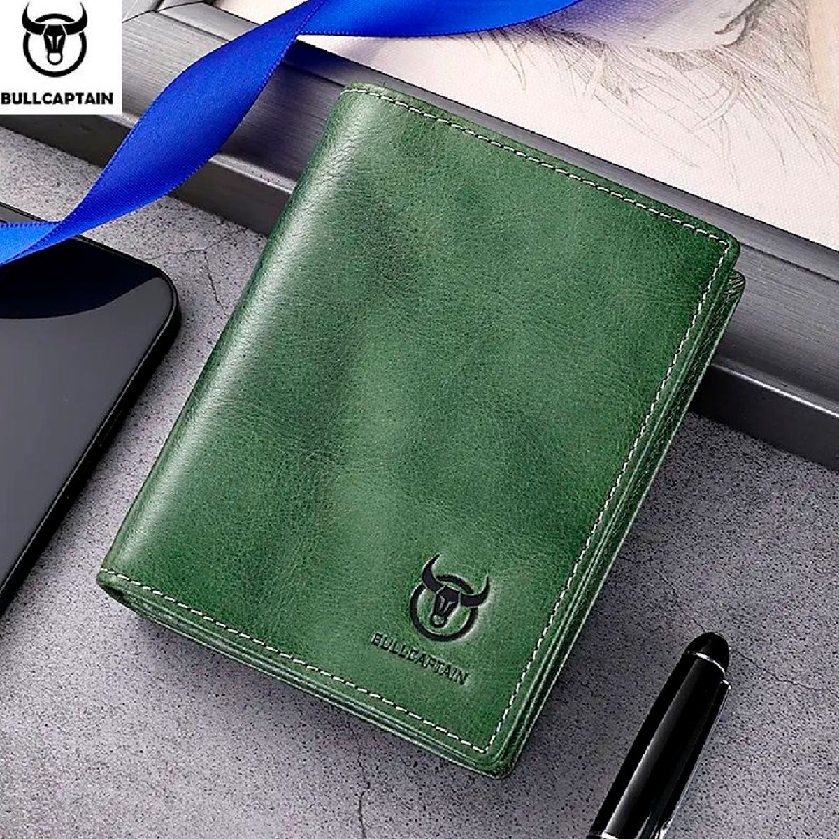 BULLCAPTAIN - BullCaptain - Billetera de Cuero Mate QB-017-GRE Verde