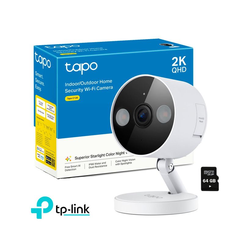 TP LINK - Cámara Seguridad Wi-Fi Tapo C120 4MP 2K Exterior Noche Color + 64GB