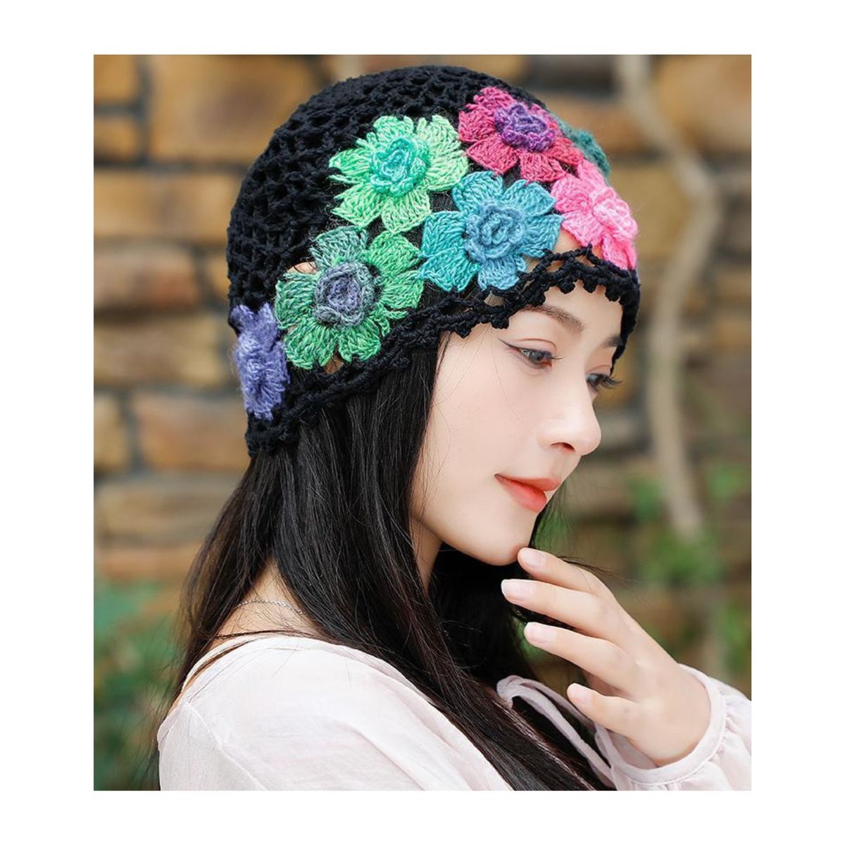 OEM - Gorro Tejido con Diseño de Flores Coloridas para Mujer