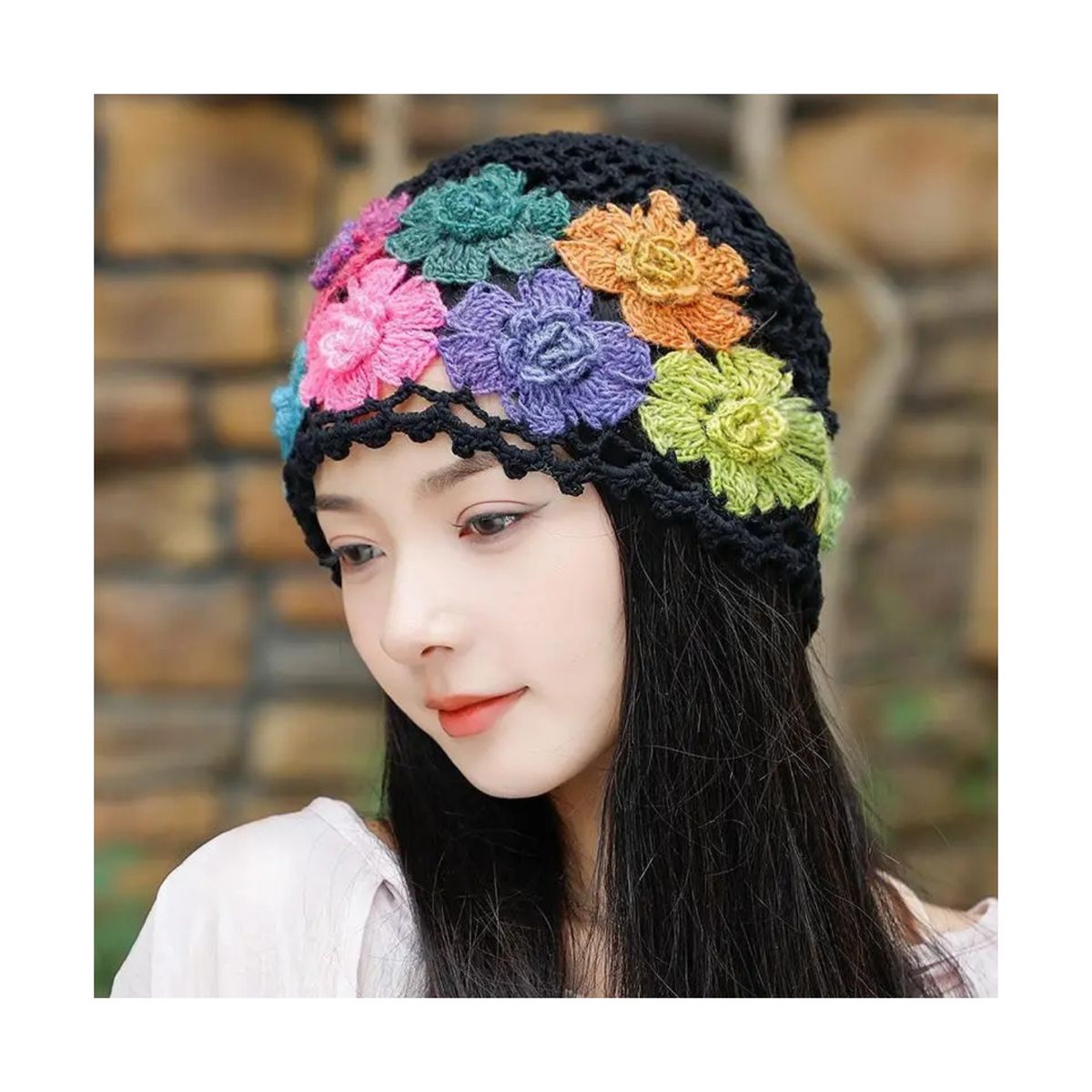 OEM - Gorro Tejido con Diseño de Flores Coloridas para Mujer