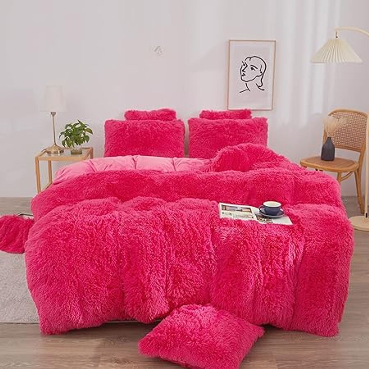 GENERICO - EDREDÓN PIEL DE OSO PLAZA Y MEDIA + 1 FUNDA DE ALMOHADA FUCSIA