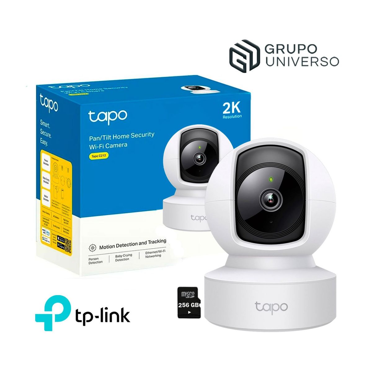 TP LINK - Cámara de Vigilancia IP Tapo C212 2K 3MP Tp-Link Gira 360 + Micro SD 256GB