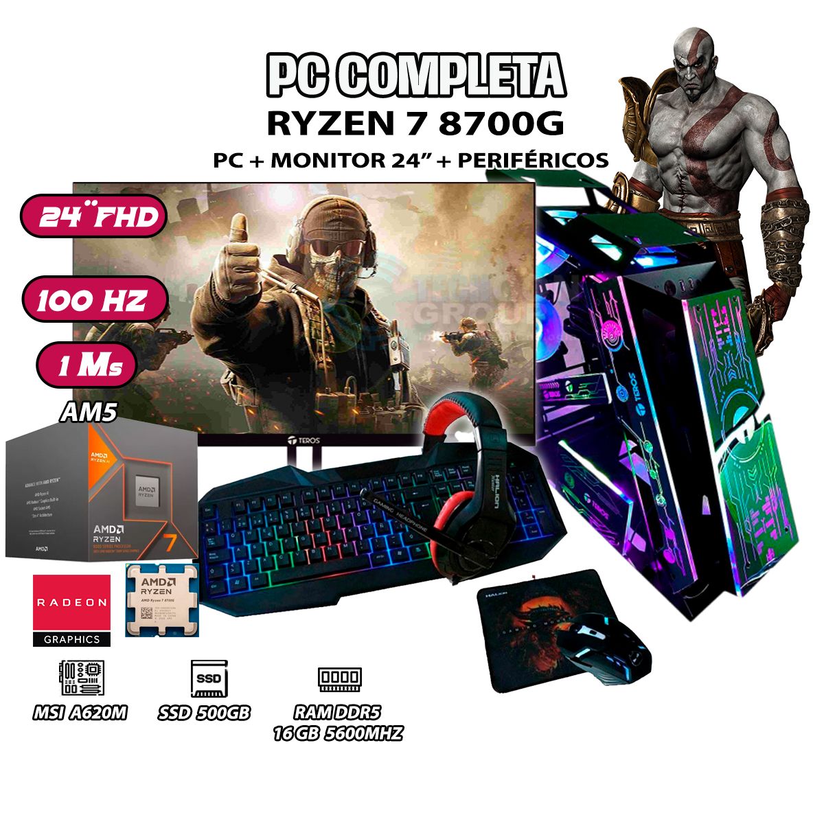 AMD - Computadora Completa Robot Ryzen 7 8700G RAM DDR5 16GB SSD 500GB SSD MONITOR 24"