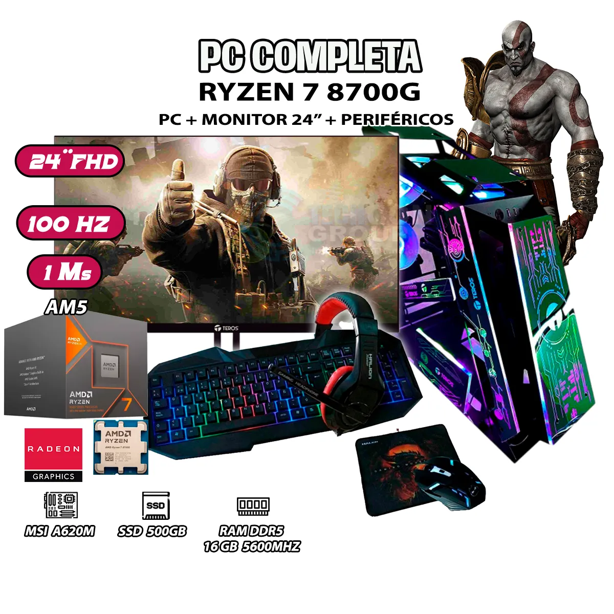 AMD - Computadora Completa Robot Ryzen 7 8700G RAM DDR5 16GB SSD 500GB SSD MONITOR 24"