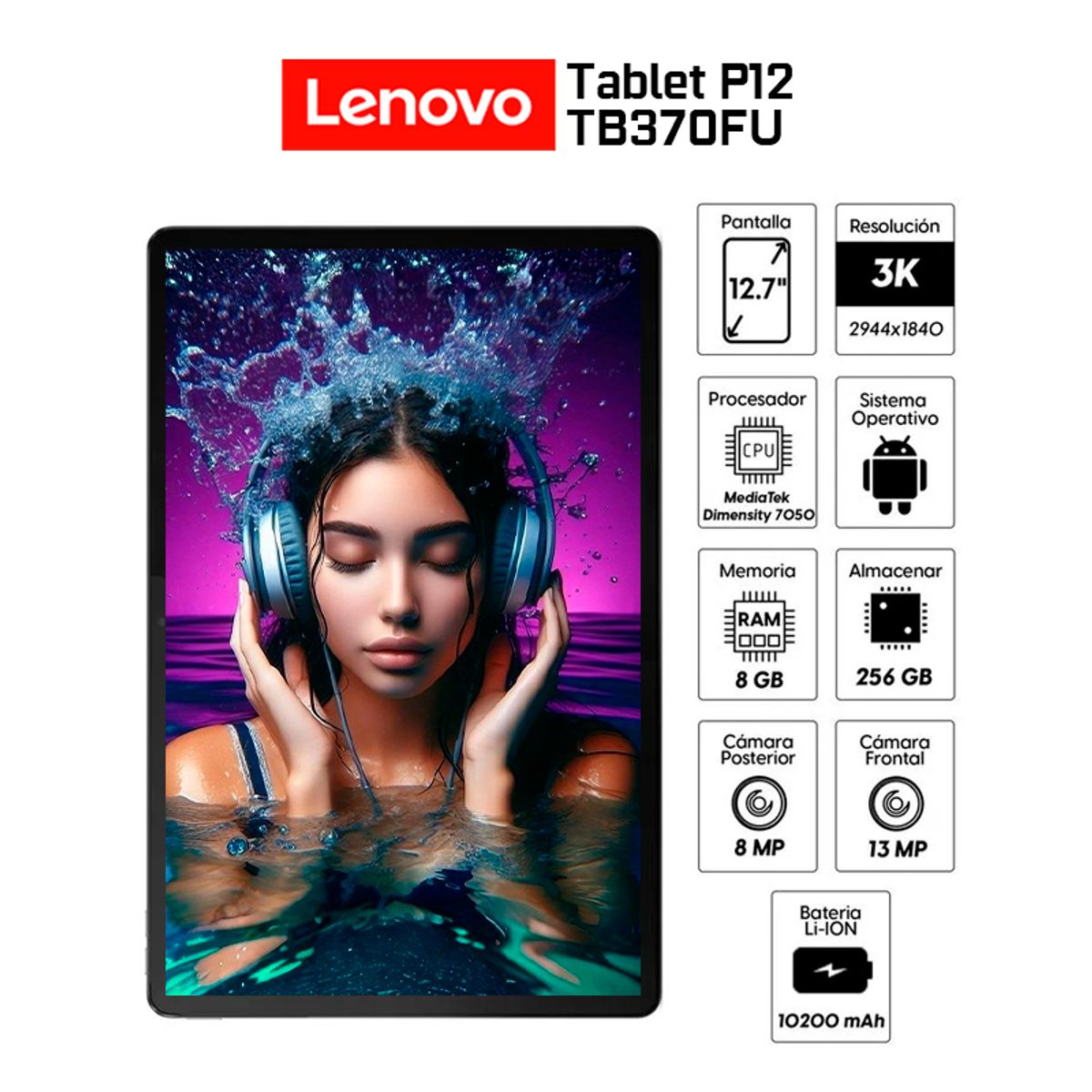 LENOVO - Tablet Lenovo Tab P12 TB370FU 8gb+256gb+Teclado Y Lápiz Wi-fi–Pantalla 12.7 3K Octa-Core