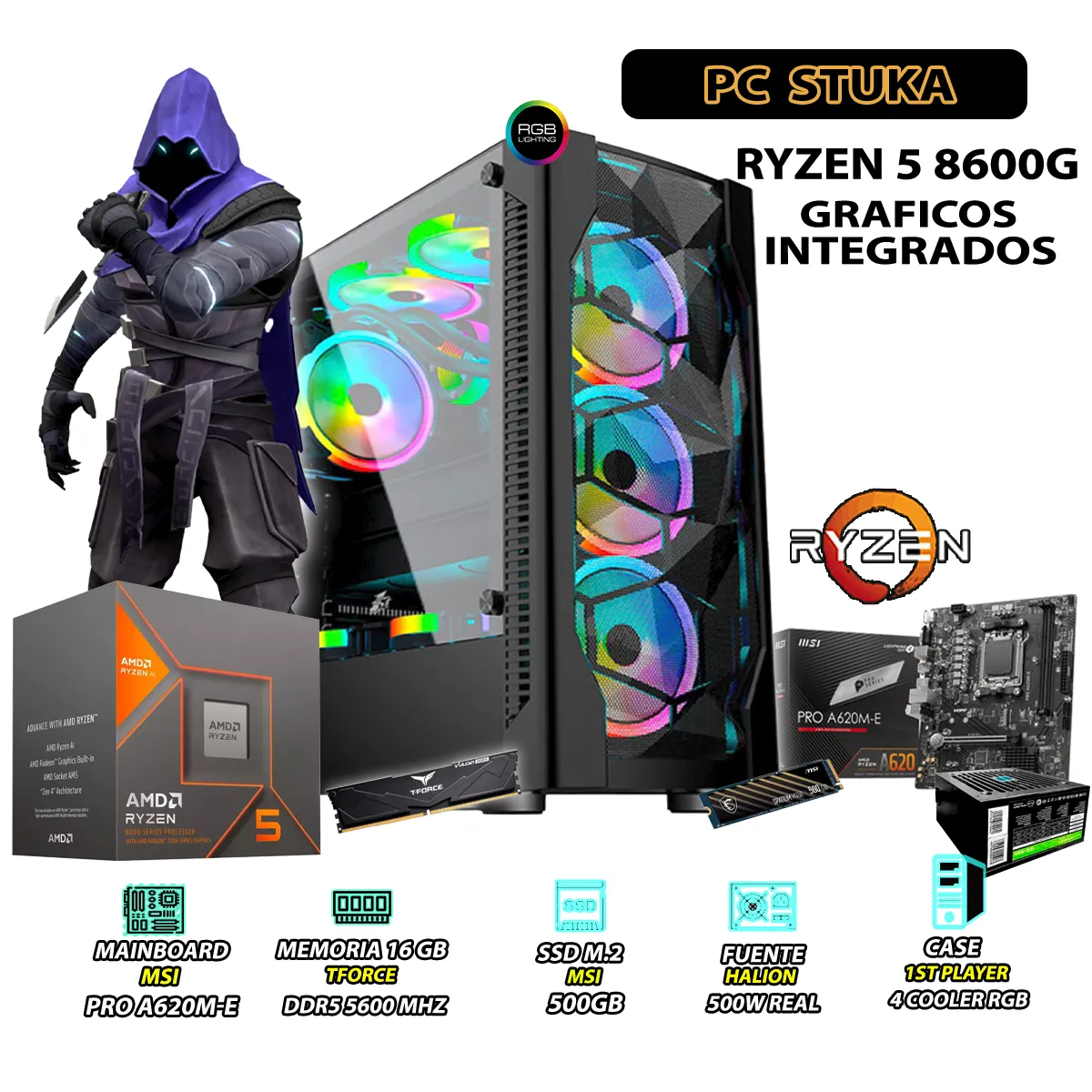 AMD - Computadora PC Ryzen 5 8600G RAM 16GB DISCO 500GB SSD CON GRAFICOS AMD RADEON