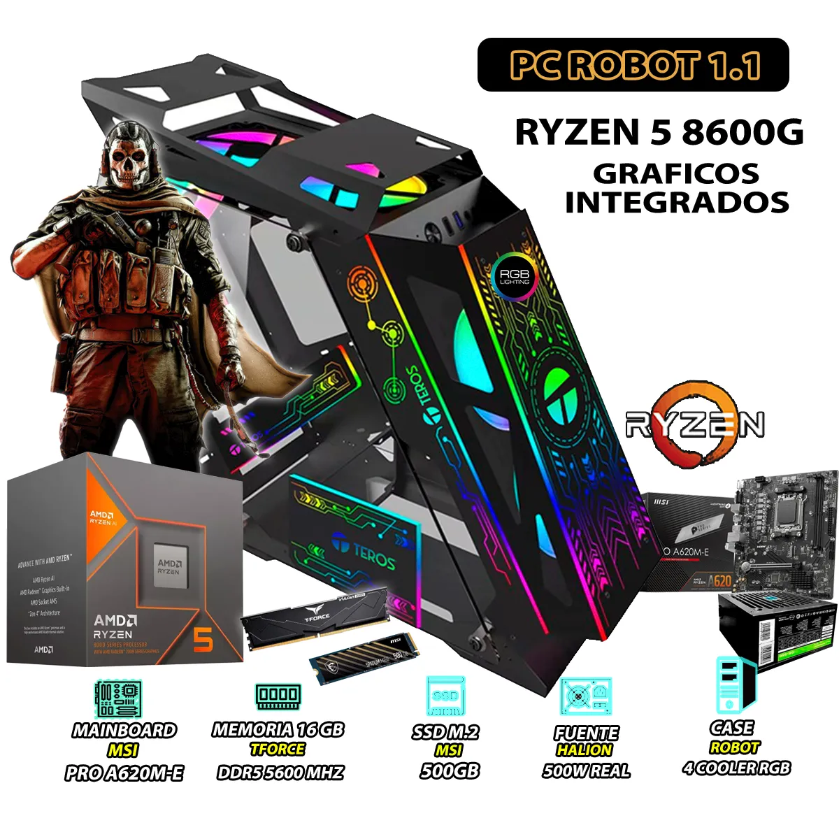 AMD - Computadora PC Ryzen 5 8600G RAM 16GB DISCO 500GB SSD CON GRAFICOS AMD RADEON