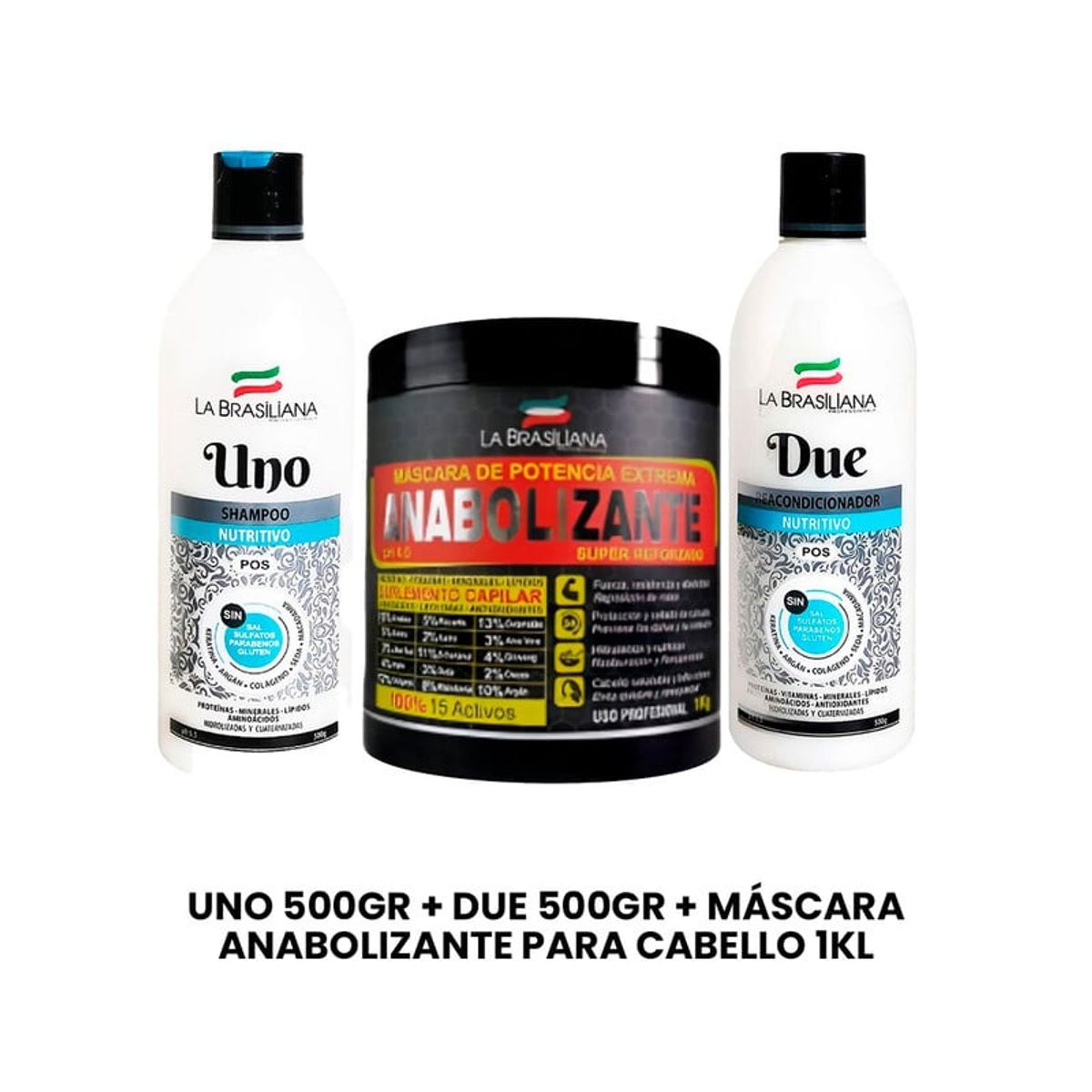 LA BRASILIANA - Uno 500Gr + Due 500Gr + Máscara Anabolizante para cabello 1Kl