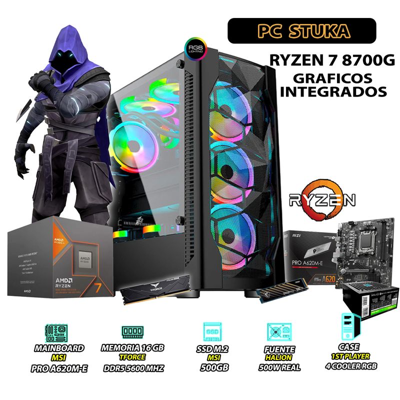 AMD - Computadora PC Ryzen 7 8700G RAM 16GB DISCO 500GB SSD CON GRAFICOS AMD RADEON.