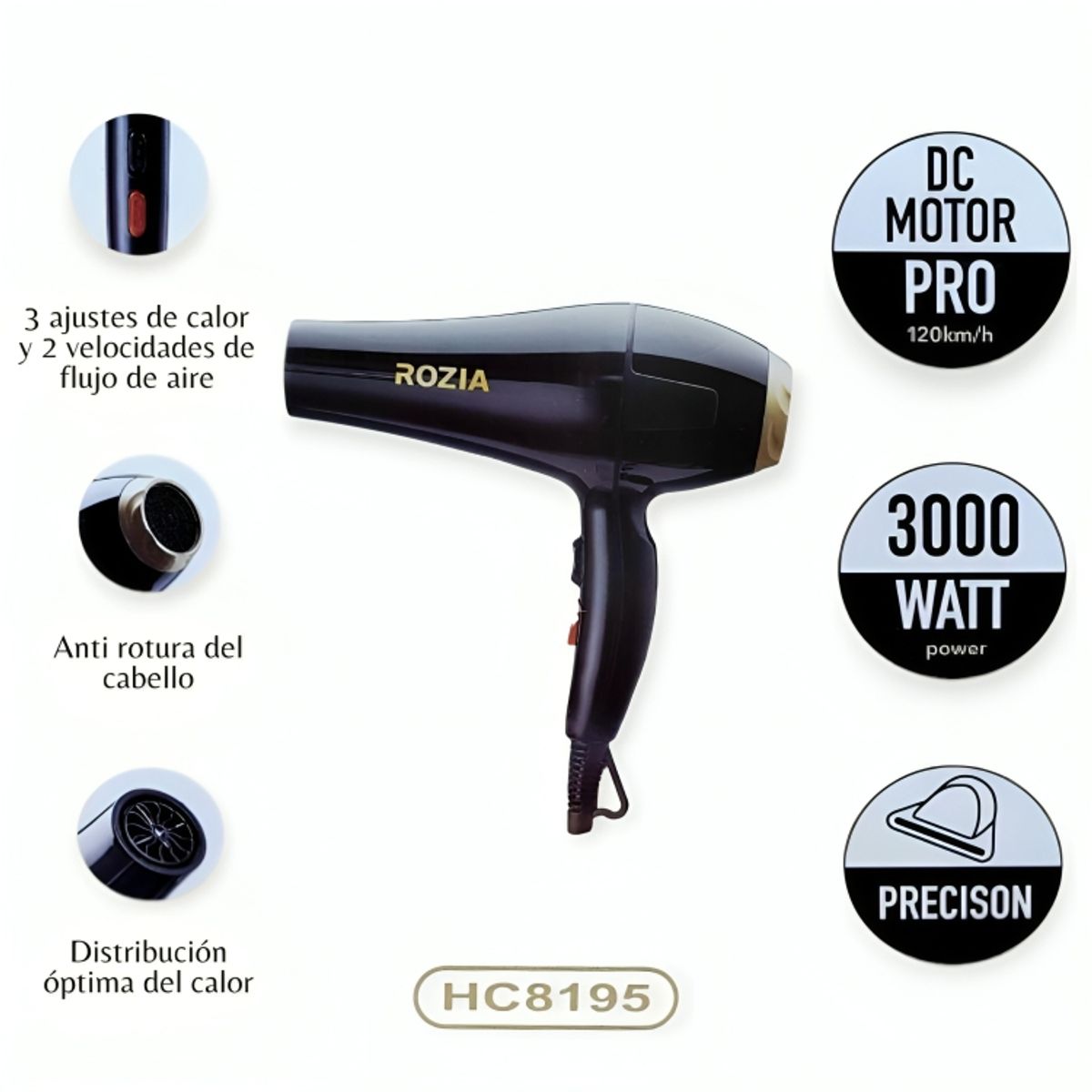 GENERICO - Secadora Pro de Cabello ROZIA de 3000W con 2 Velocidades 3 Ajustes de Temperatura
