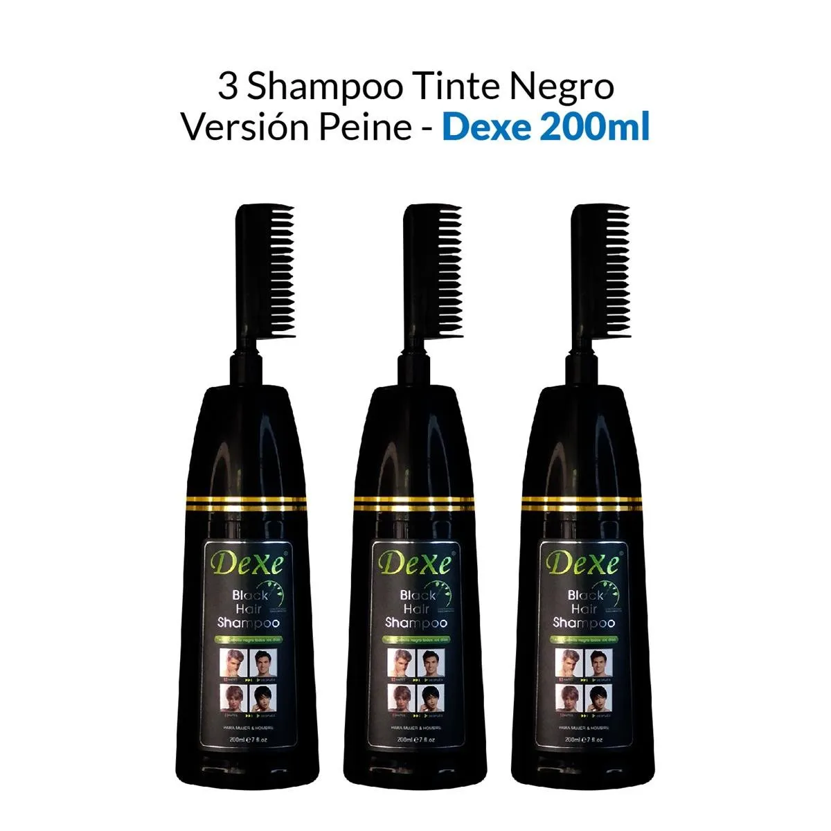 DEXE - Shampoo Tinte Negro Versión Peine Dexe 200ml 3 Unidades