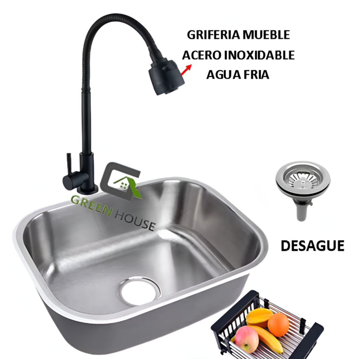 GENERICO - COMBO DE LAVADERO 44x39x21cm  + GRIFERIA  AGUA FRIA  ACERO INOXIDABLE