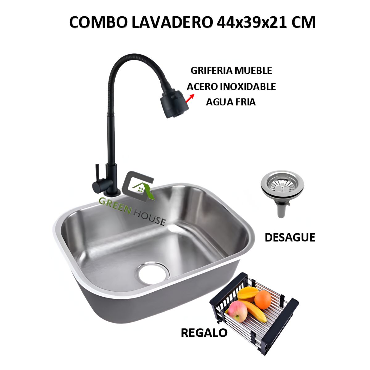 GENERICO - COMBO DE LAVADERO 44x39x21cm  + GRIFERIA  AGUA FRIA  ACERO INOXIDABLE