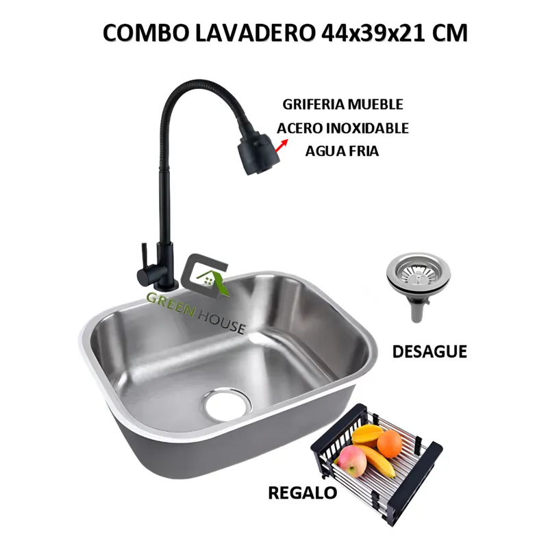 GENERICO - COMBO DE LAVADERO 44x39x21cm  + GRIFERIA  AGUA FRIA  ACERO INOXIDABLE