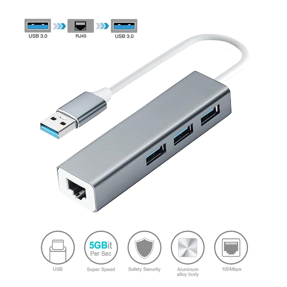 OEM - Adaptador Hub ALUMINIO USB 3.0 a RJ45 LAN + 3Puertos USB 3.0