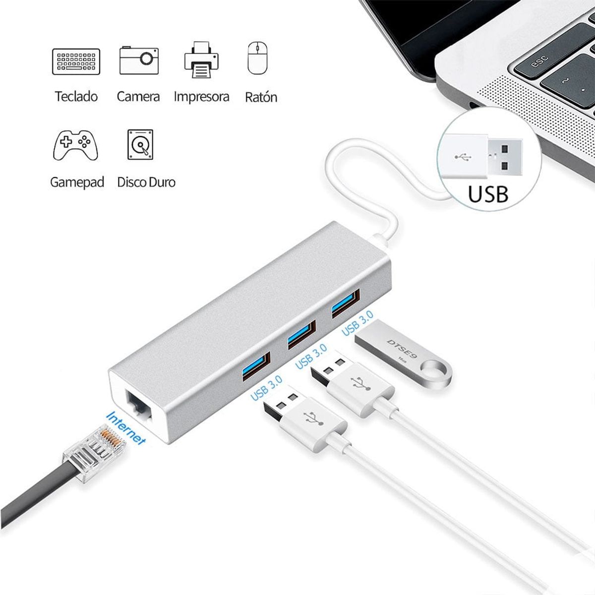 OEM - Adaptador Hub ALUMINIO USB 3.0 a RJ45 LAN + 3Puertos USB 3.0