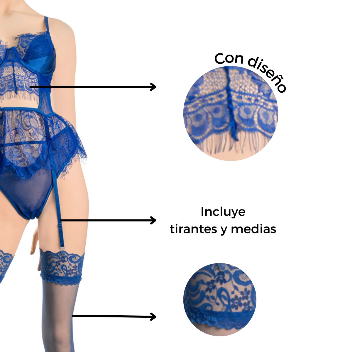 GENERICO - Lencería erótica sexy con medias y tirantes - Azul Talla L