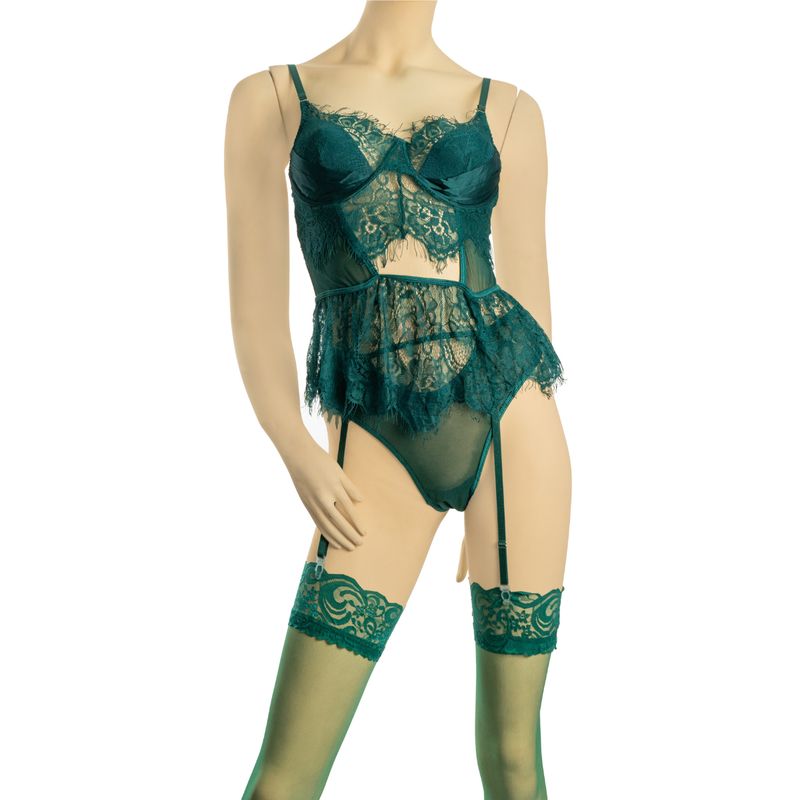GENERICO - Lencería erótica sexy con medias y tirantes - Verde Talla M