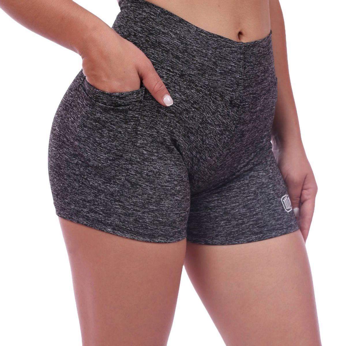 M MUSCLE MUSEUM - Short Pantaloneta con Bolsillo Lateral Color Negro Jaspeado para Mujer