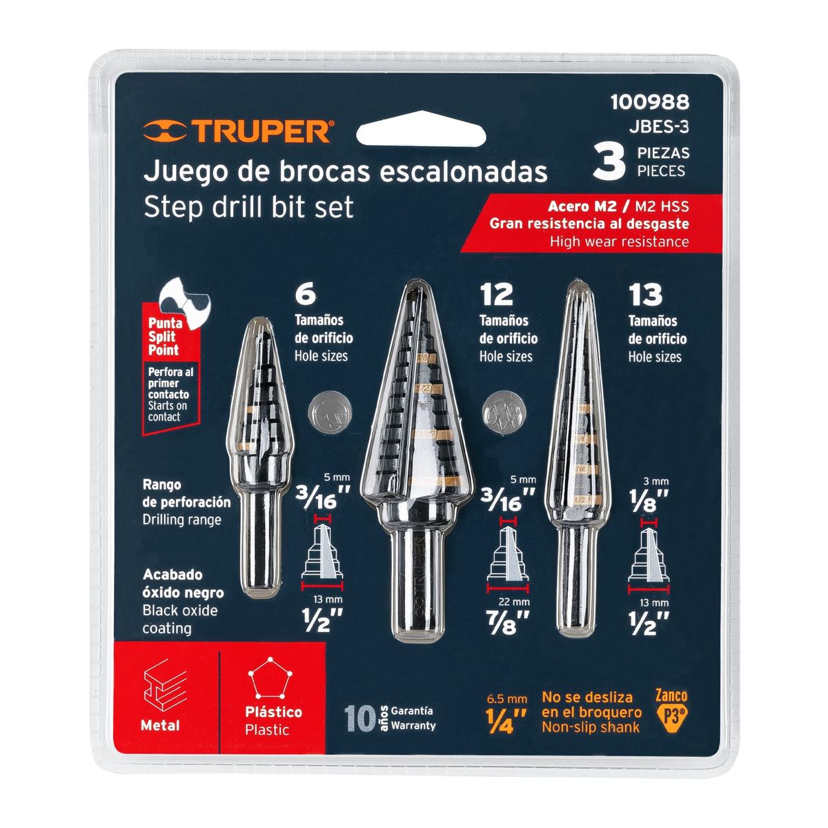TRUPER - Broca 3 Unidades Juego Escalonada para Fierro Metal 100988 Truper