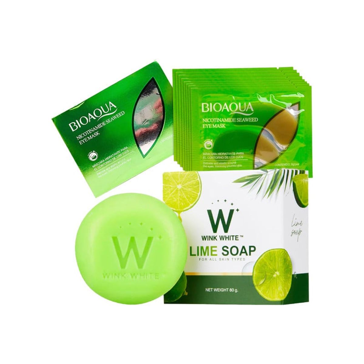 BIOAQUA - Mascarilla Ojos Algas con Nicotina 8gr + Jabón Blanqueador Lima 80gr