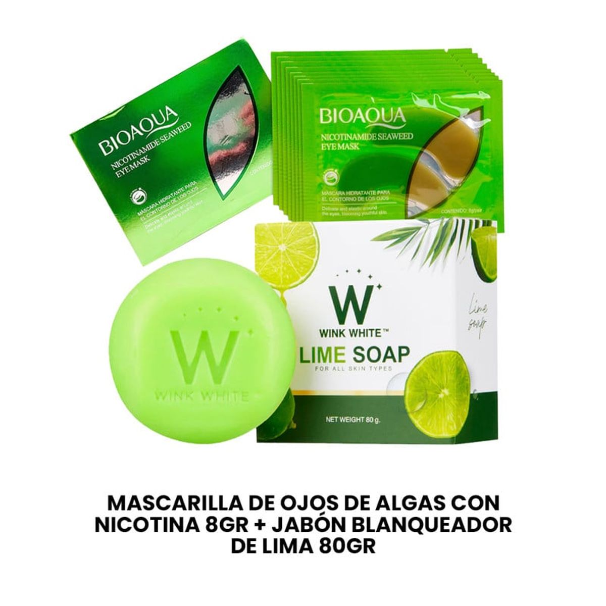 BIOAQUA - Mascarilla Ojos Algas con Nicotina 8gr + Jabón Blanqueador Lima 80gr